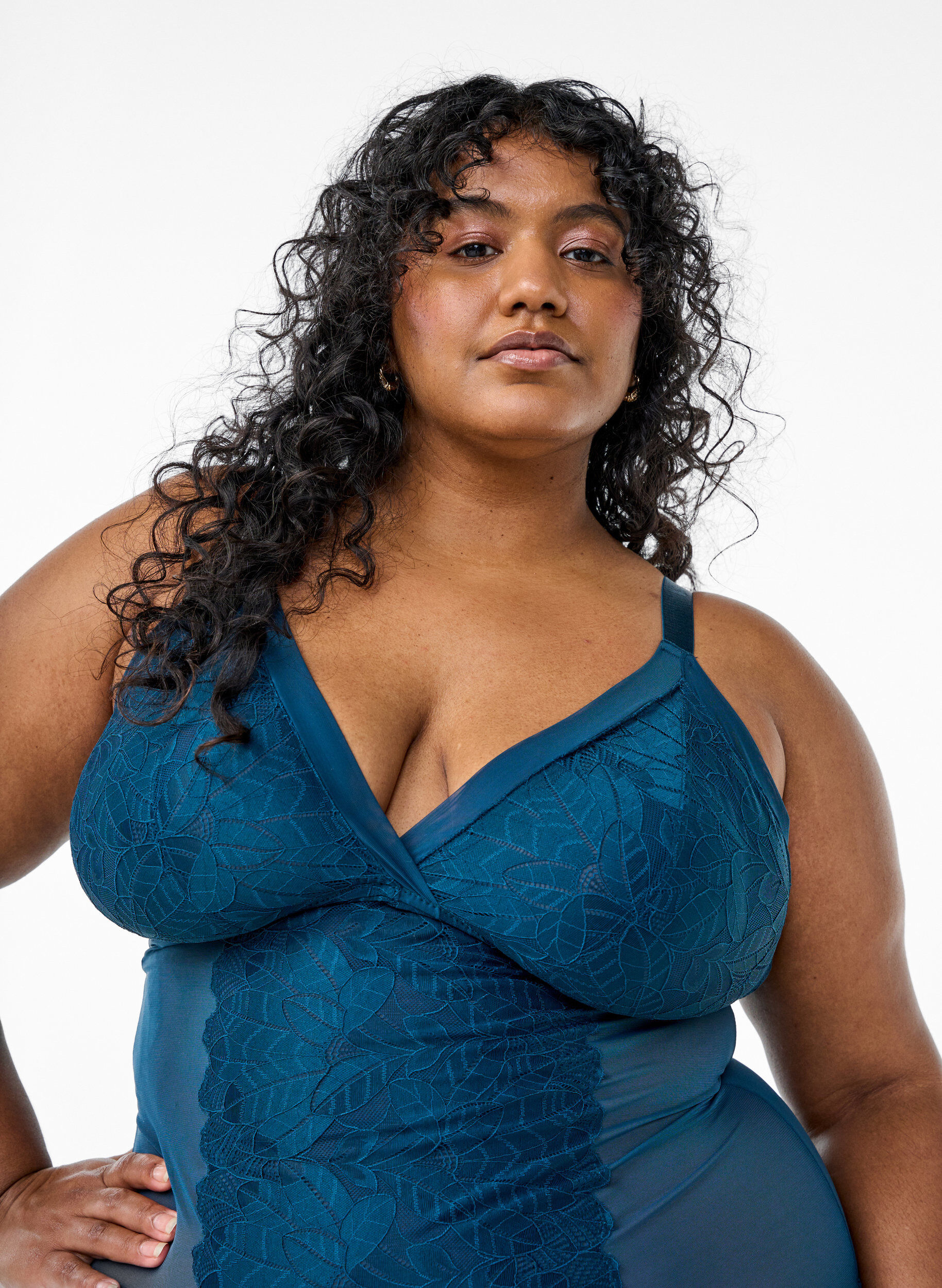 ZizziBodystocking van kant en mesh, Blauw, Model image number 2