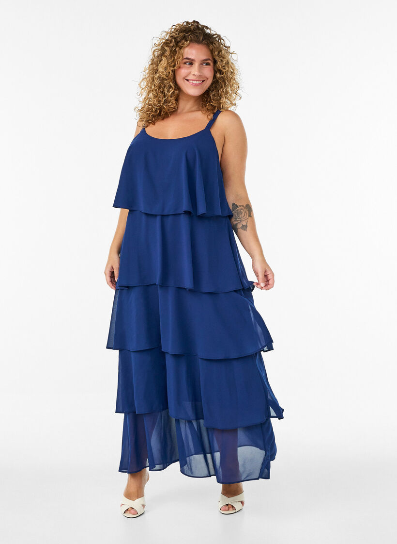 Maxi jurk met ruches en afneembare cape, Blauw, Model image number 0