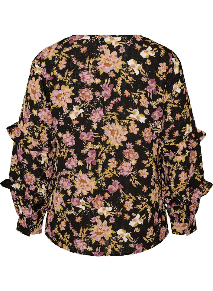 Blouse met bloemenprint en ruchesdetails, Zwart, Packshot image number 1