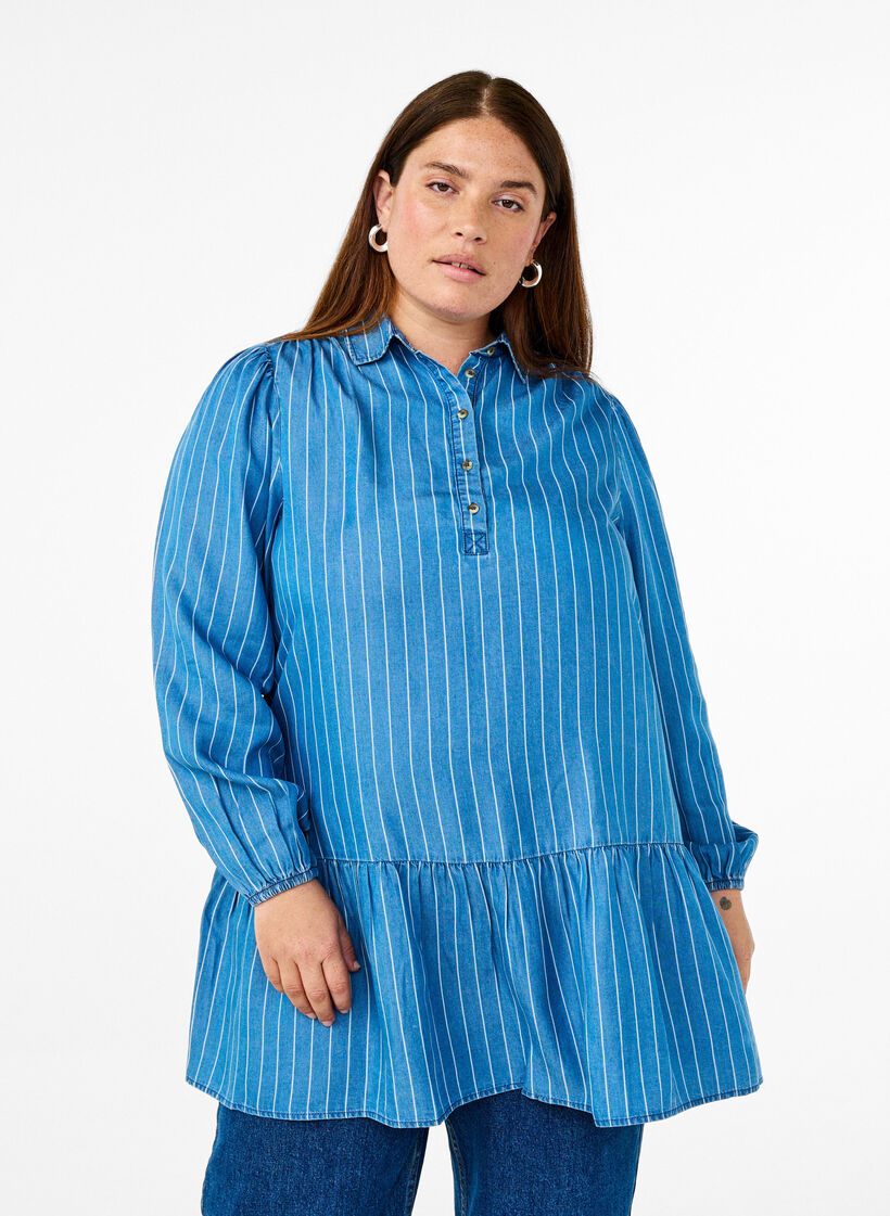 Gestreepte TENCEL&trade; denim tuniek, Blauw, Model image number 0
