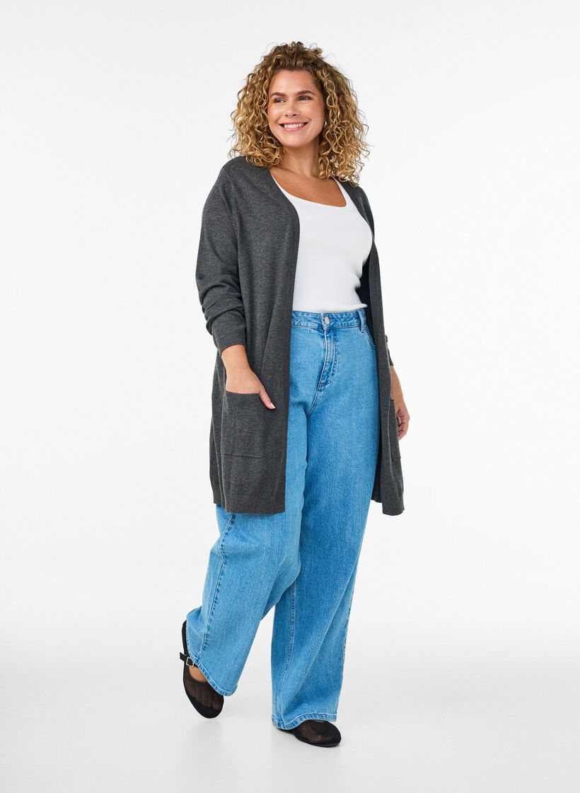 Lang gebreid vest in viscosemix, Grijs, Model image number 1