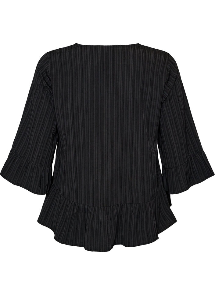 Blouse met textuur, V-hals en ruches, Zwart, Packshot image number 1