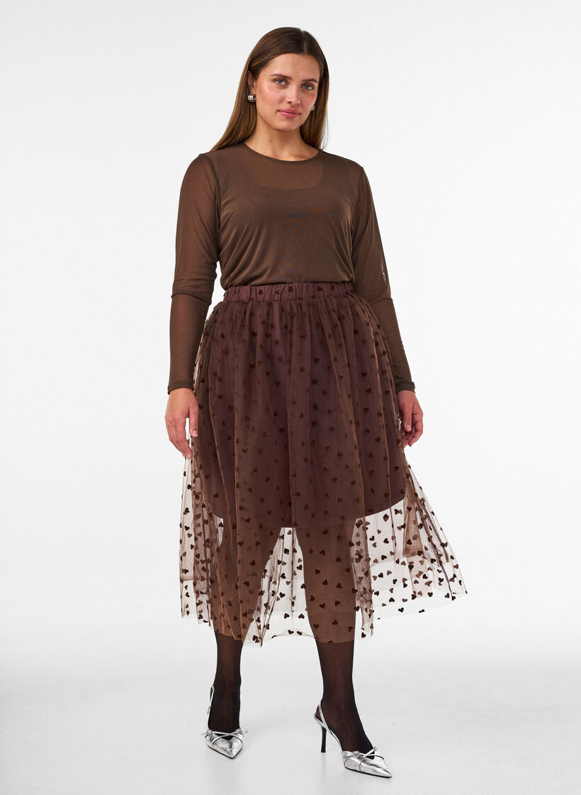 Midi-tule rok met hartjes, Bruin, Model image number 0