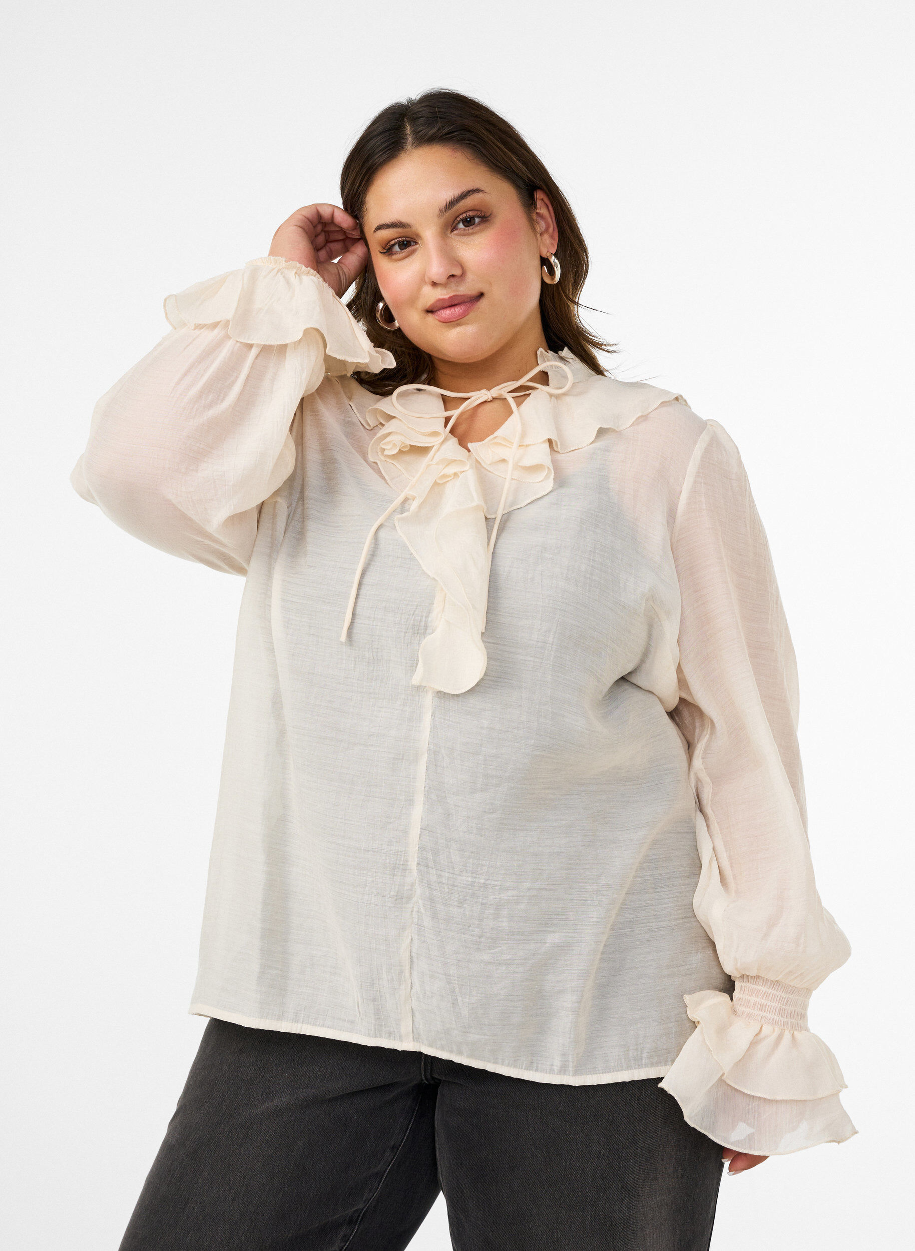 Viscose blouse met ruches en lange mouwen, Vanille, Model
