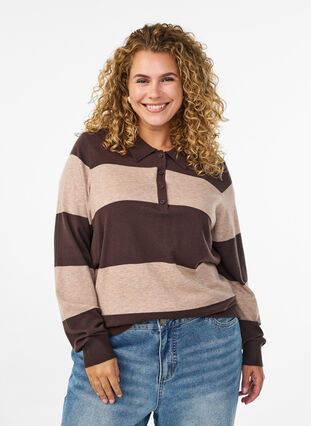 ZizziStrik blouse met kraag, Seal Brown Comb, Model image number 0