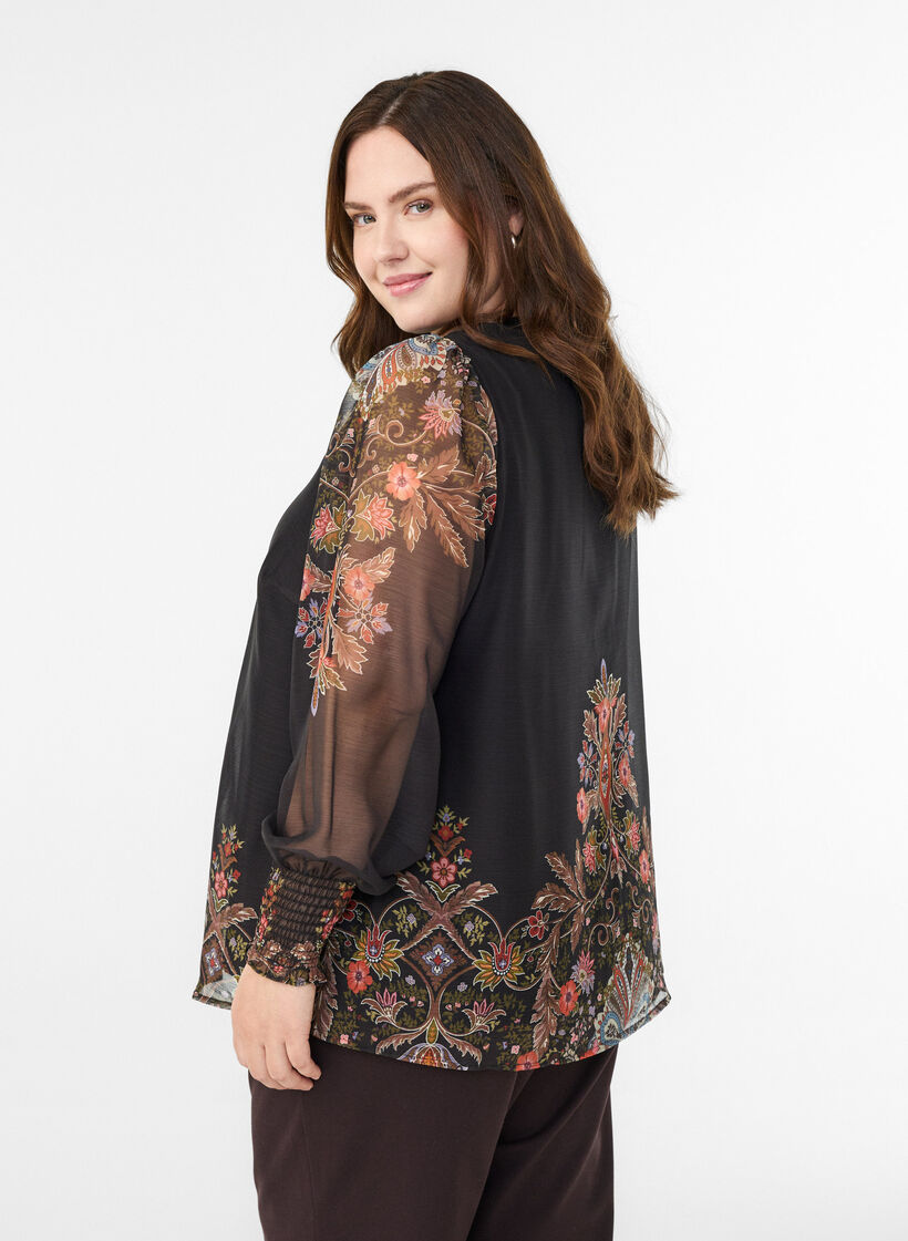 Blouse met paisleyprint en doorschijnende mouwen, Zwart, Model image number 2