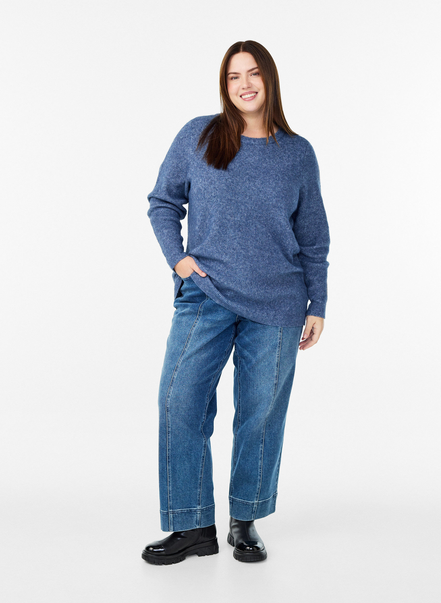 ZizziGem&ecirc;leerde gebreide blouse met ronde hals, Blauw, Model image number 1