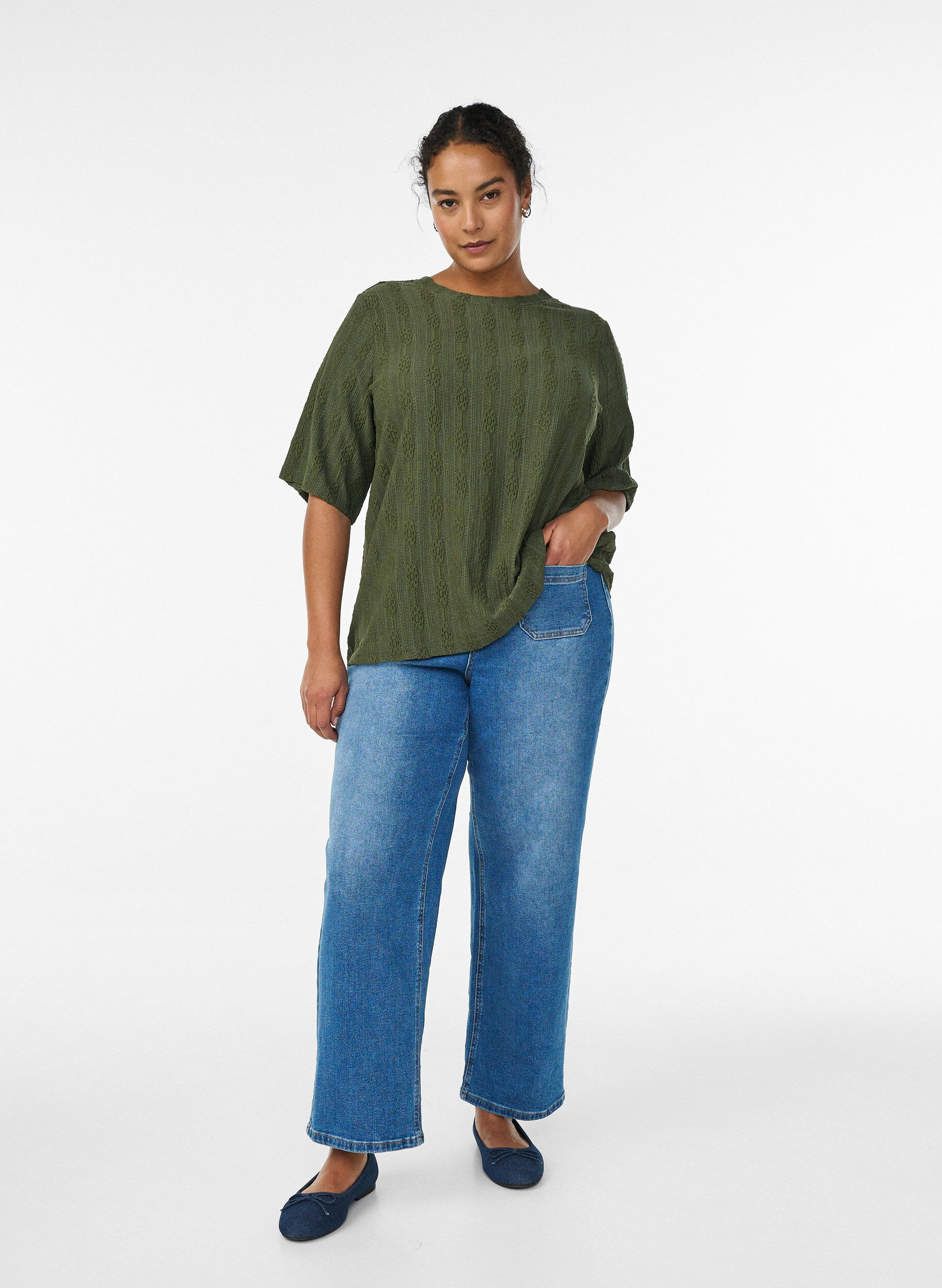 ZizziBlouse met structuurpatroon en korte mouwen, Groen, Model image number 1