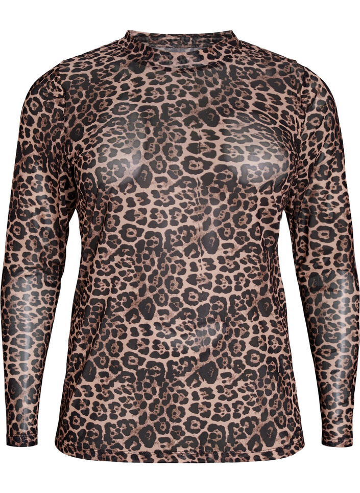 Mesh blouse met luipaardpatroon, Bruin, Packshot image number 0