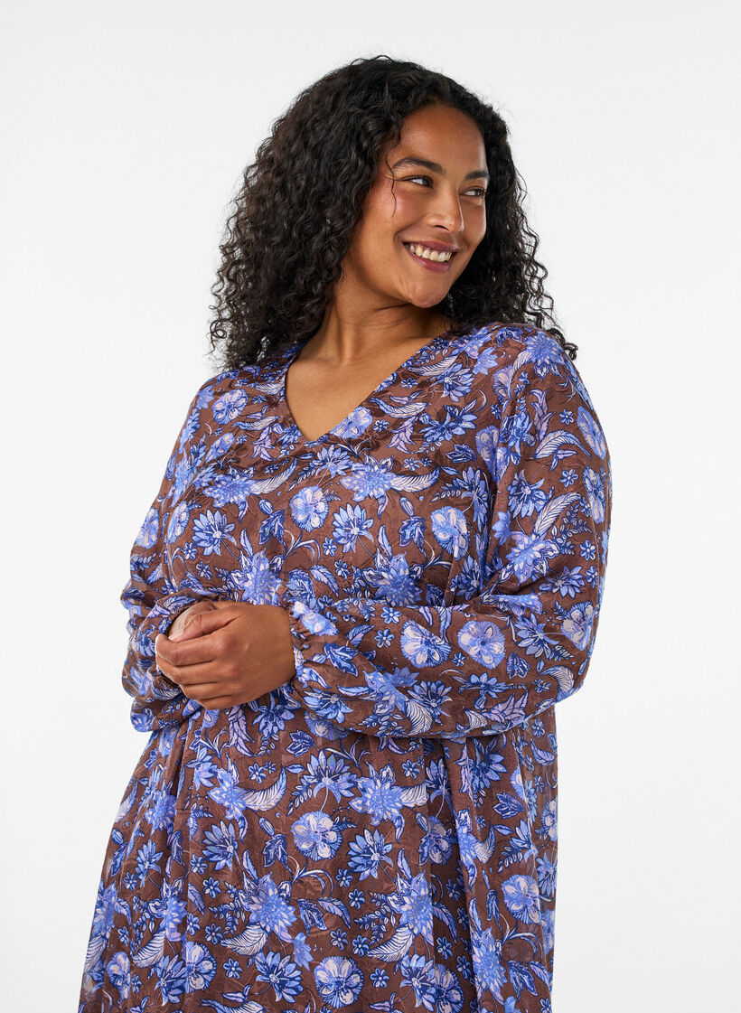 Midijurk met bloemenprint en ruchezoom, Bruin, Model image number 2