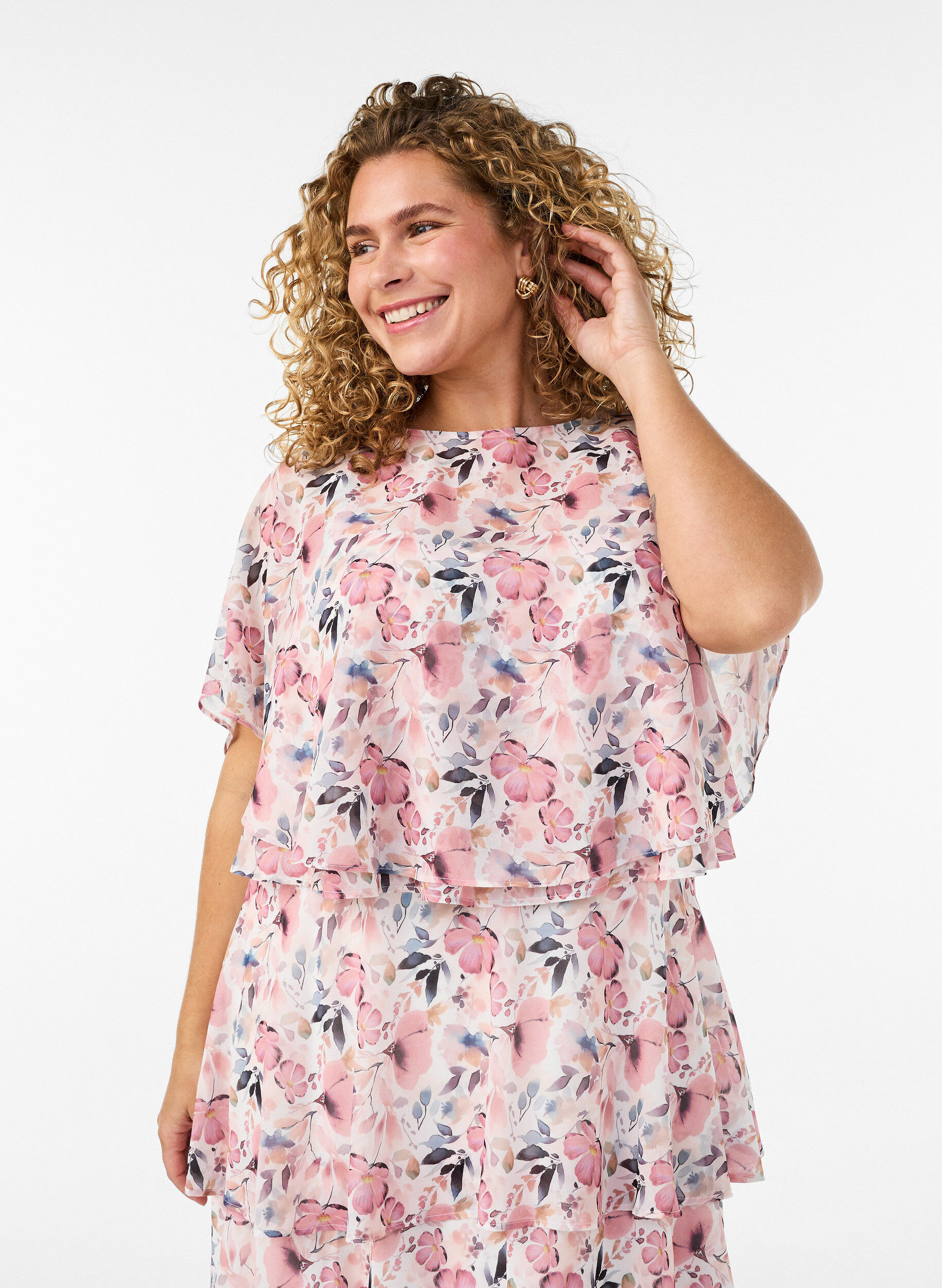 ZizziMaxi jurk met ruches en afneembare cape, Wit, Model image number 3