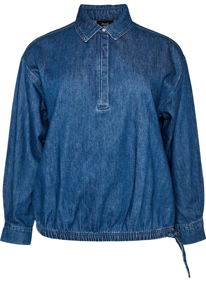 Denim blouse met ballonpasvorm, Blauw, Packshot image number 0