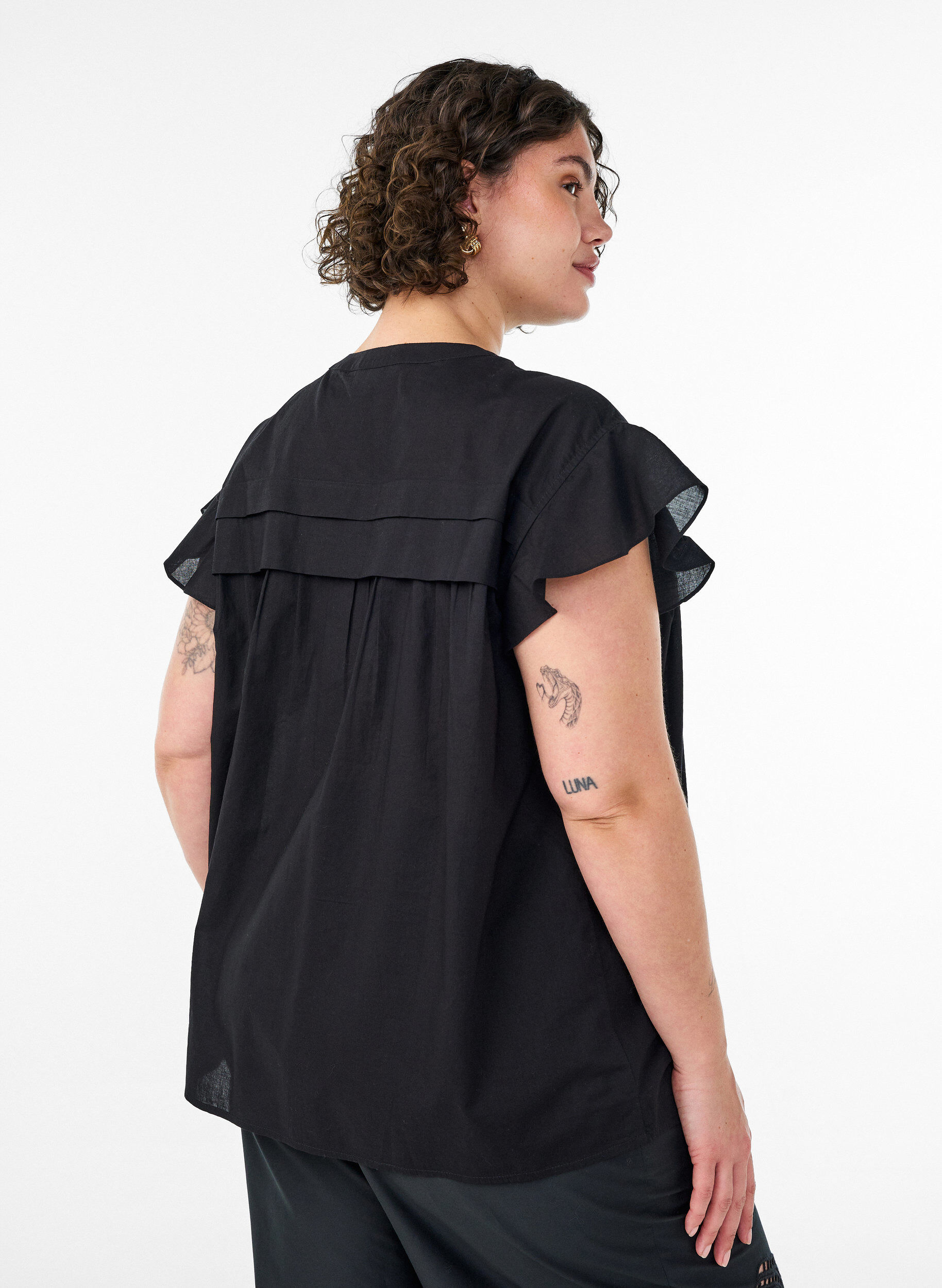 ZizziMouwloze A-lijn katoenen blouseshirt, Zwart, Model image number 2