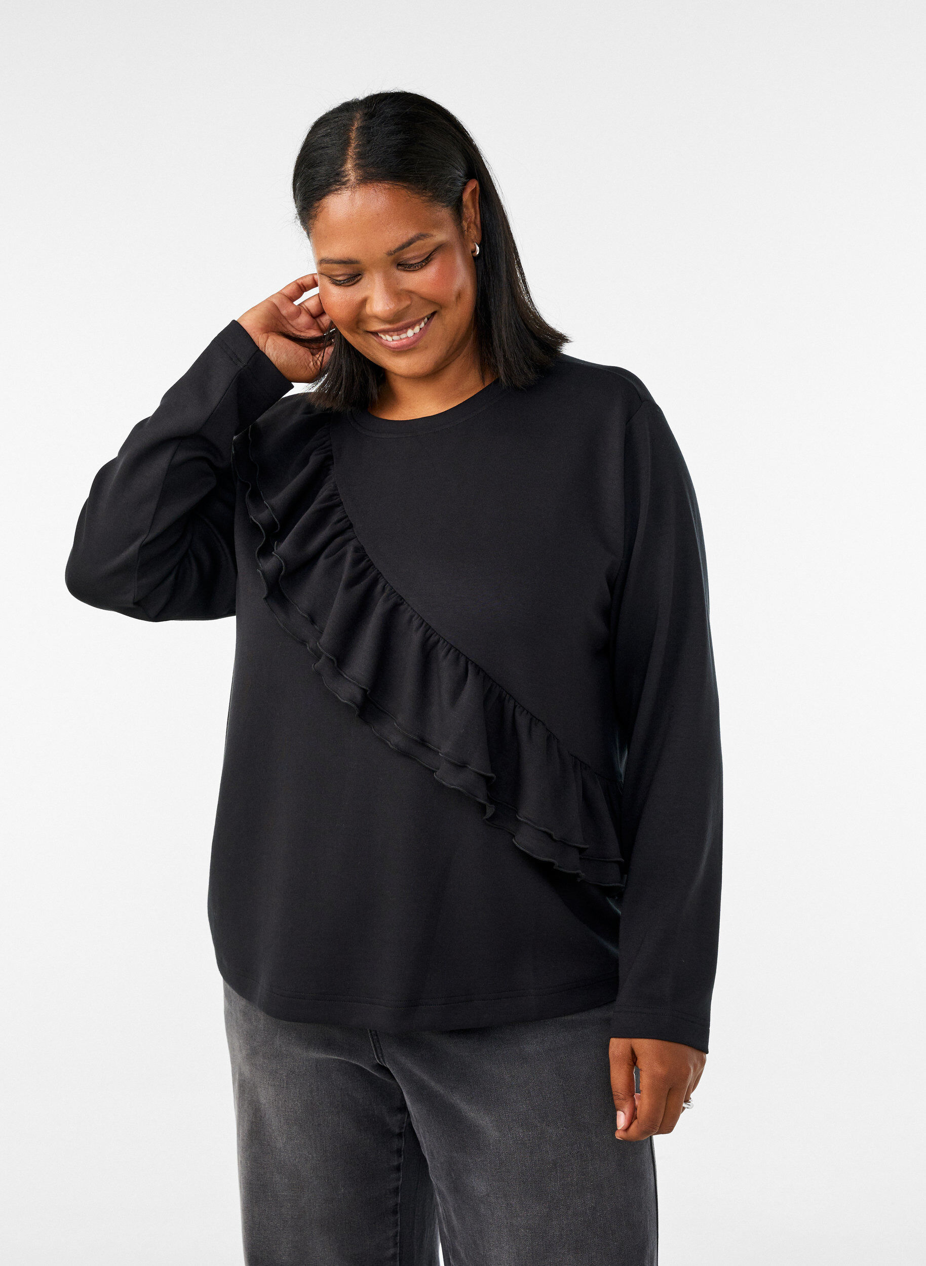 Jersey blouse met een diagonale ruchesdetail, Zwart, Model