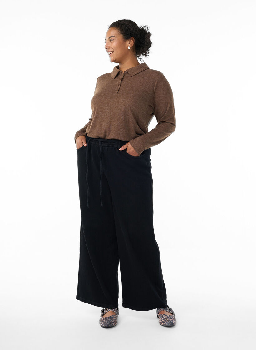 Lange mouwen polo in stretchende geribde kwaliteit, Bruin, Model image number 1