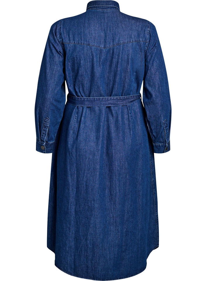 Halflange denim jurk met strikceintuur, Dark Blue Denim, Packshot