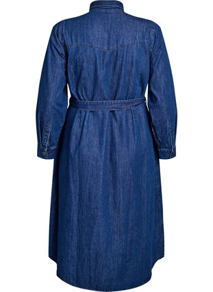 ZizziHalflange denim jurk met strikceintuur, Dark Blue Denim, Packshot image number 1