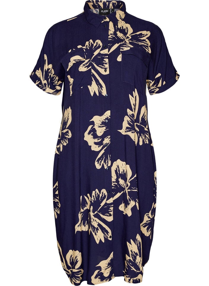 Lange overhemdjurk met korte mouwen, Blauw, Packshot image number 0