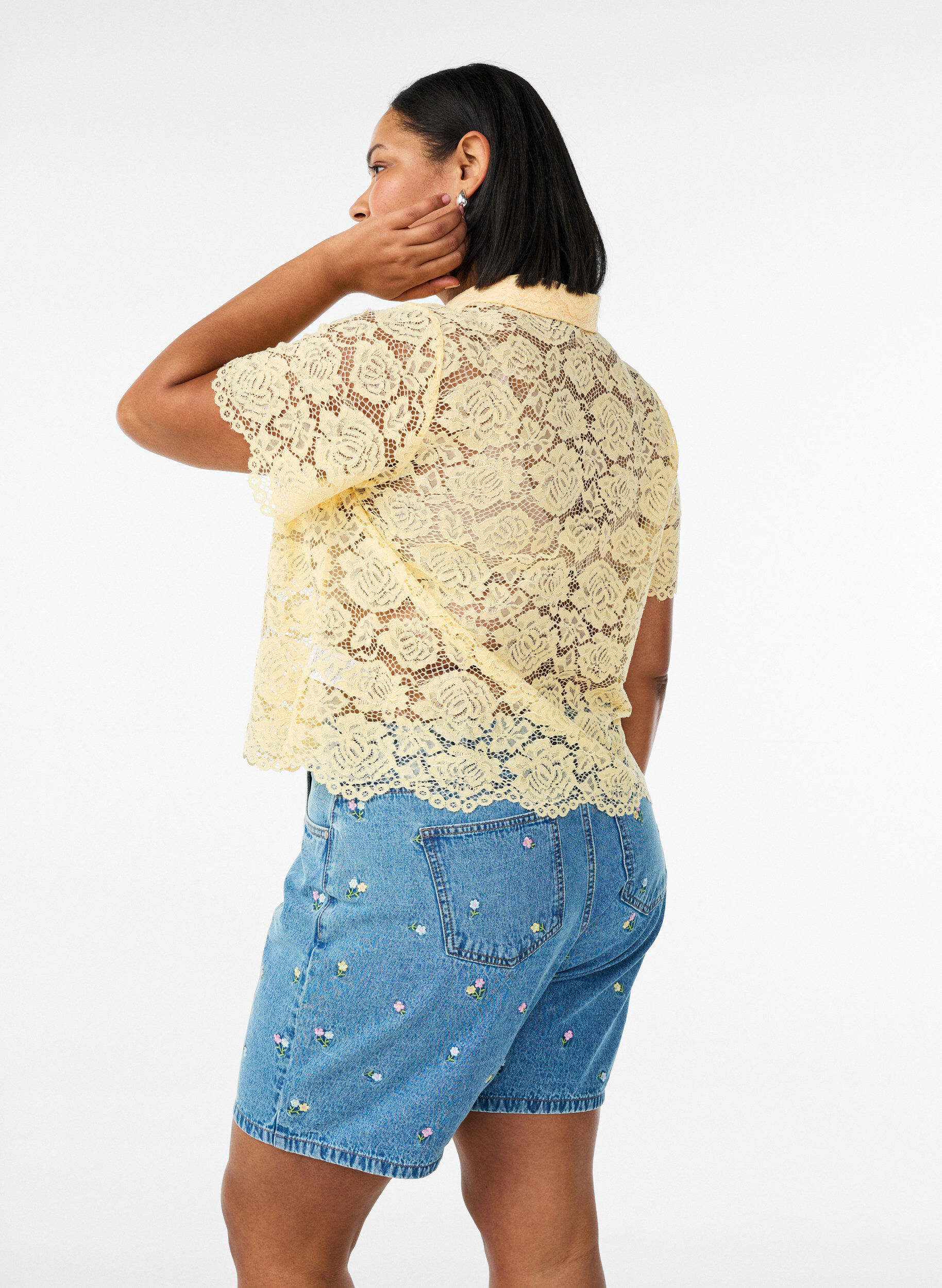 ZizziDenimshorts met geborduurde bloemen, Blauw, Model image number 2