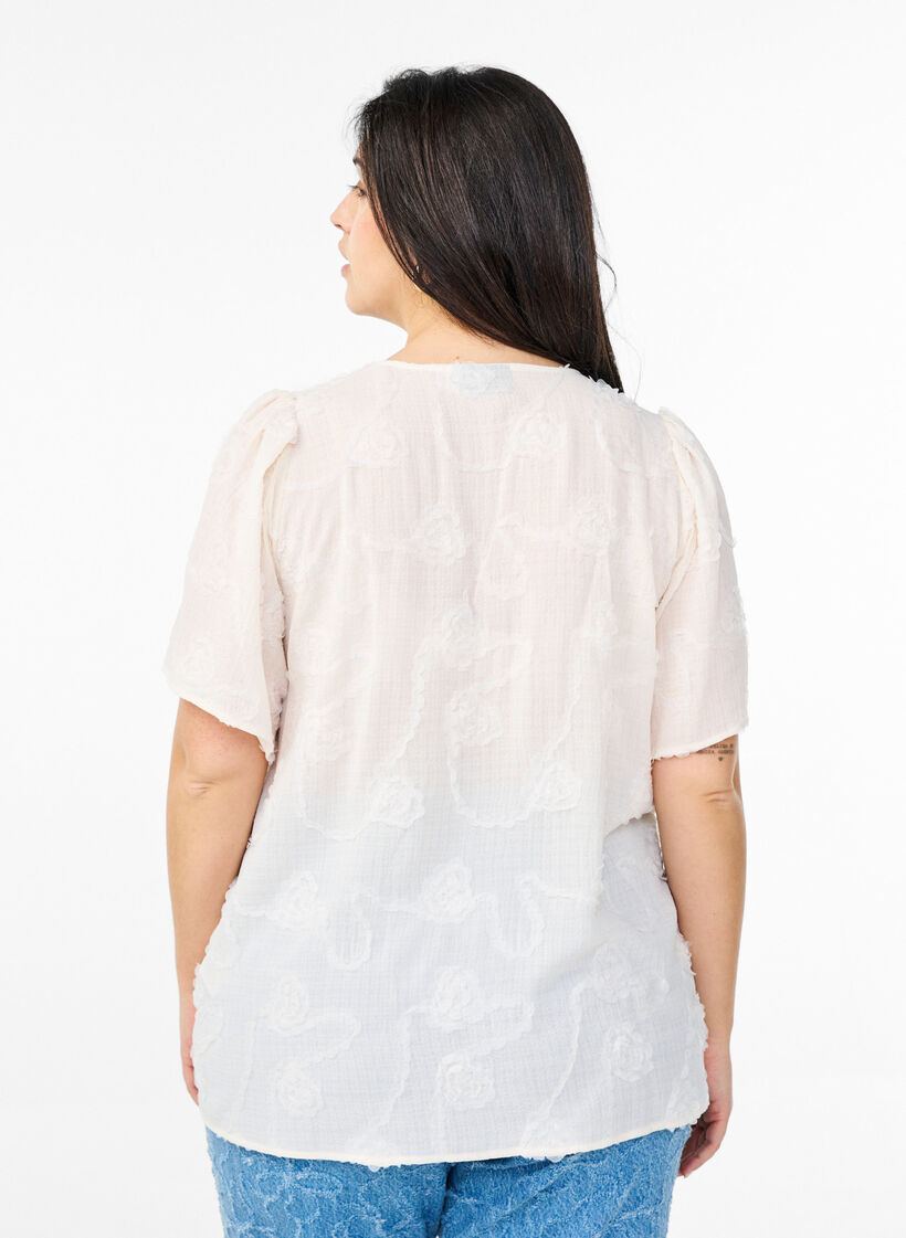 Shirtblouse met korte mouwen en 3D-bloeimeffect, Beige, Model image number 2