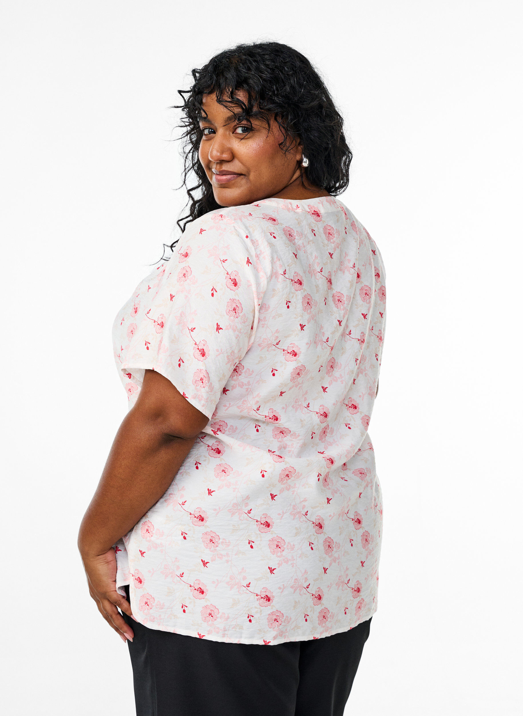 ZizziBlouse met korte mouwen en bloemenprint, Roze, Model image number 2