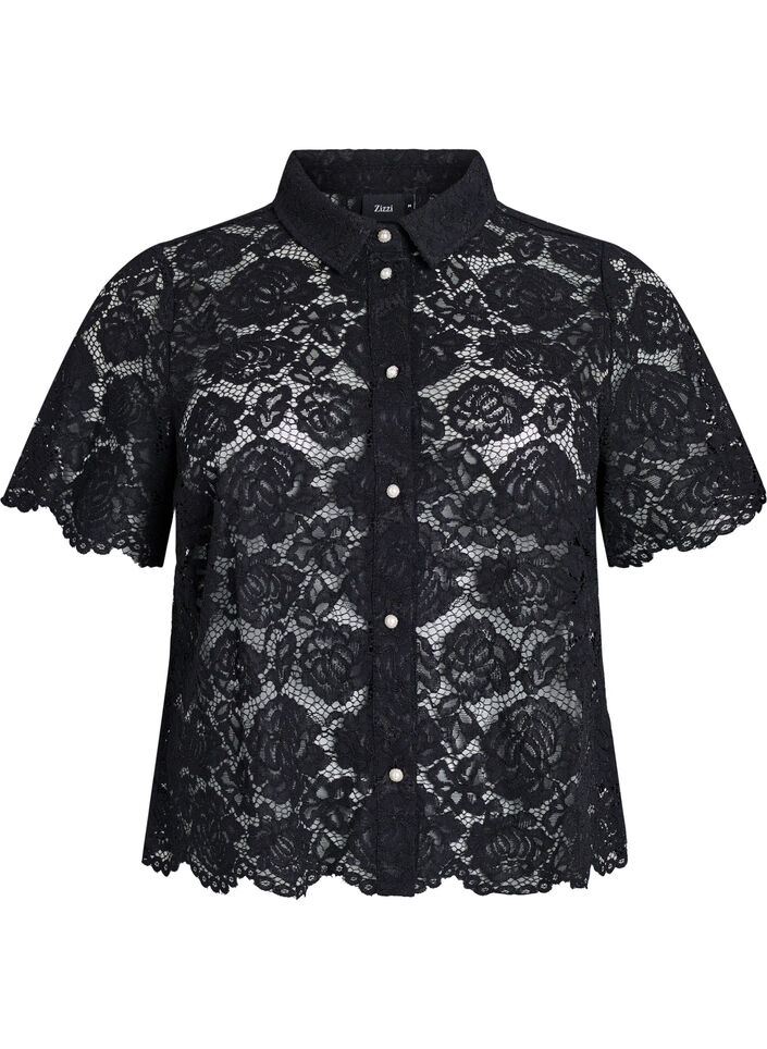 Kanten shirt blouse met parelknopen, Zwart, Packshot image number 0