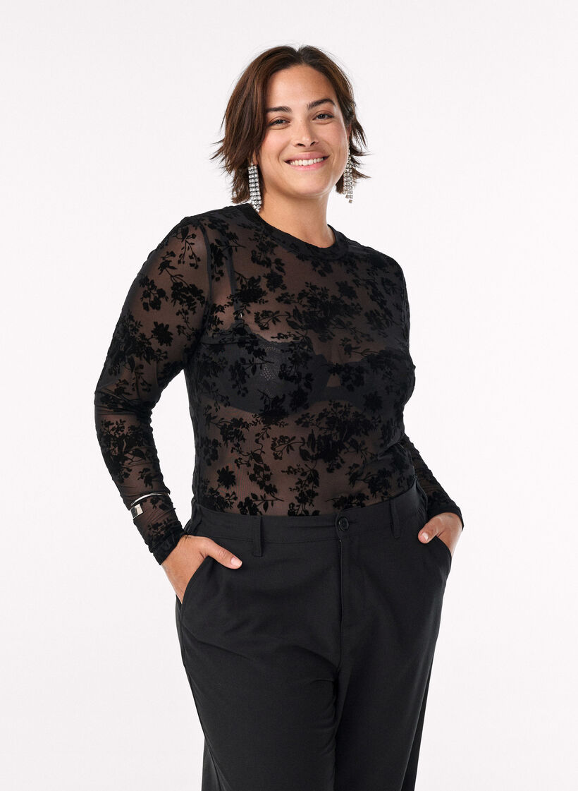 Mesh blouse met bloemenpatroon, Zwart, Model image number 0