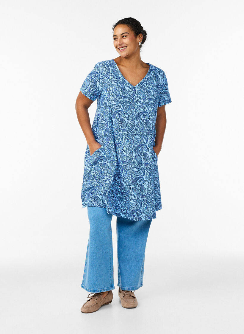 Korte a-lijn jurk met paisleyprint, Blauw, Model image number 1