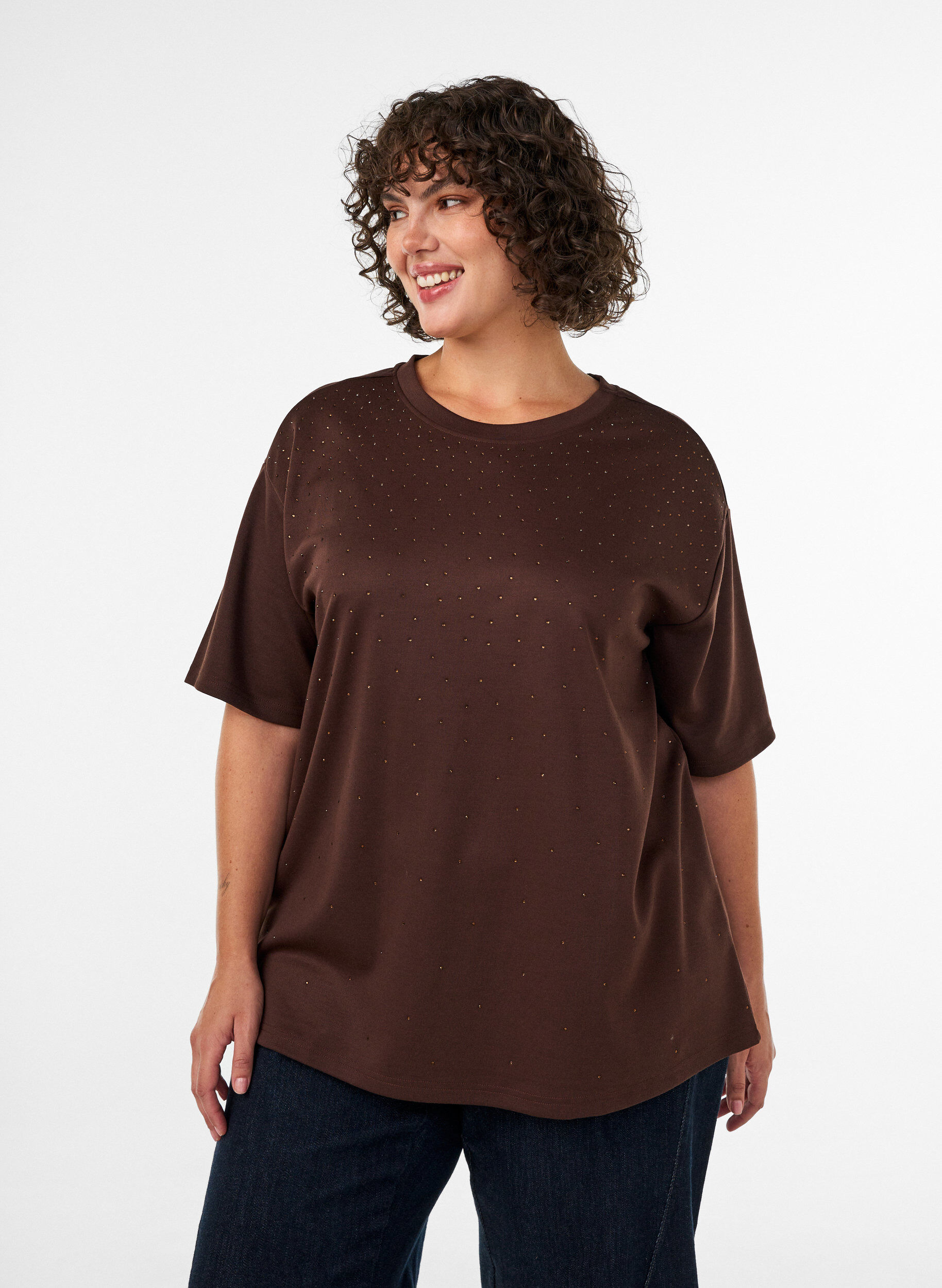 ZizziT-shirt met strass-steentjes en ronde hals, Bruin, Model image number 0
