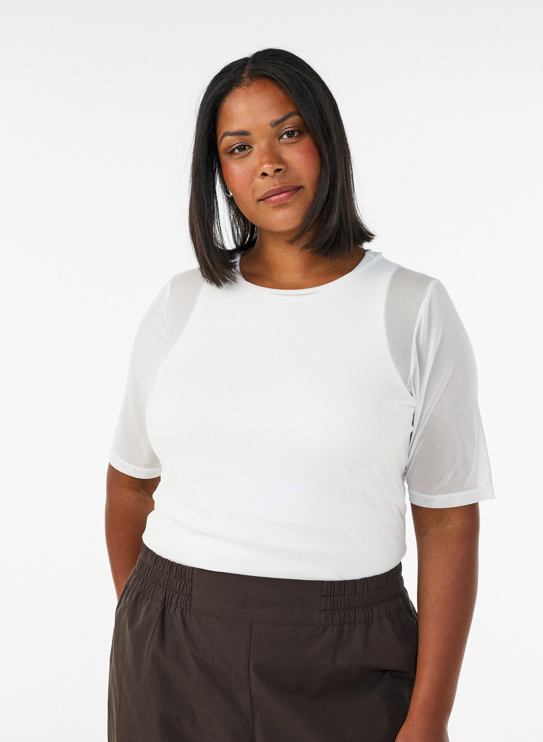 ZizziMesh top met korte mouwen en ronde hals, Vanille, Model image number 0