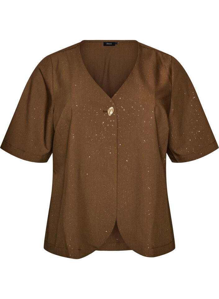 Blouse met glitter en V-hals, Bruin, Packshot image number 0