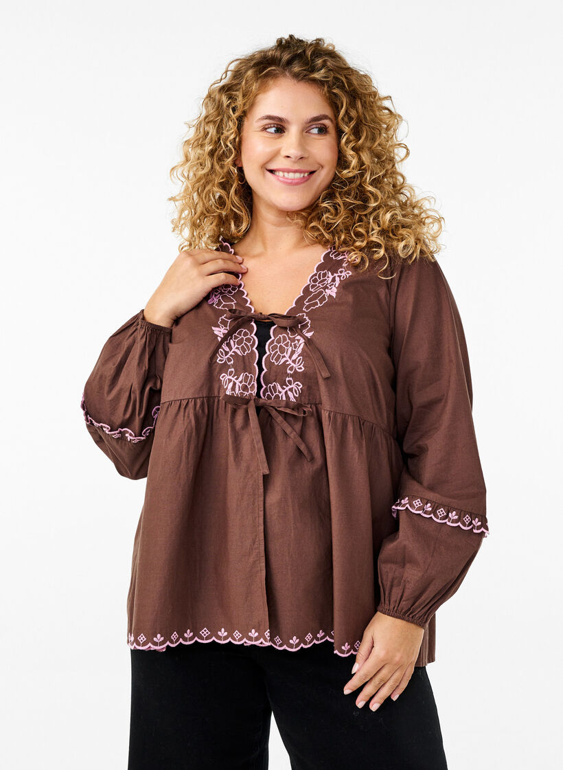 Blouse met open voorkant en geborduurde details, Bruin, Model image number 0