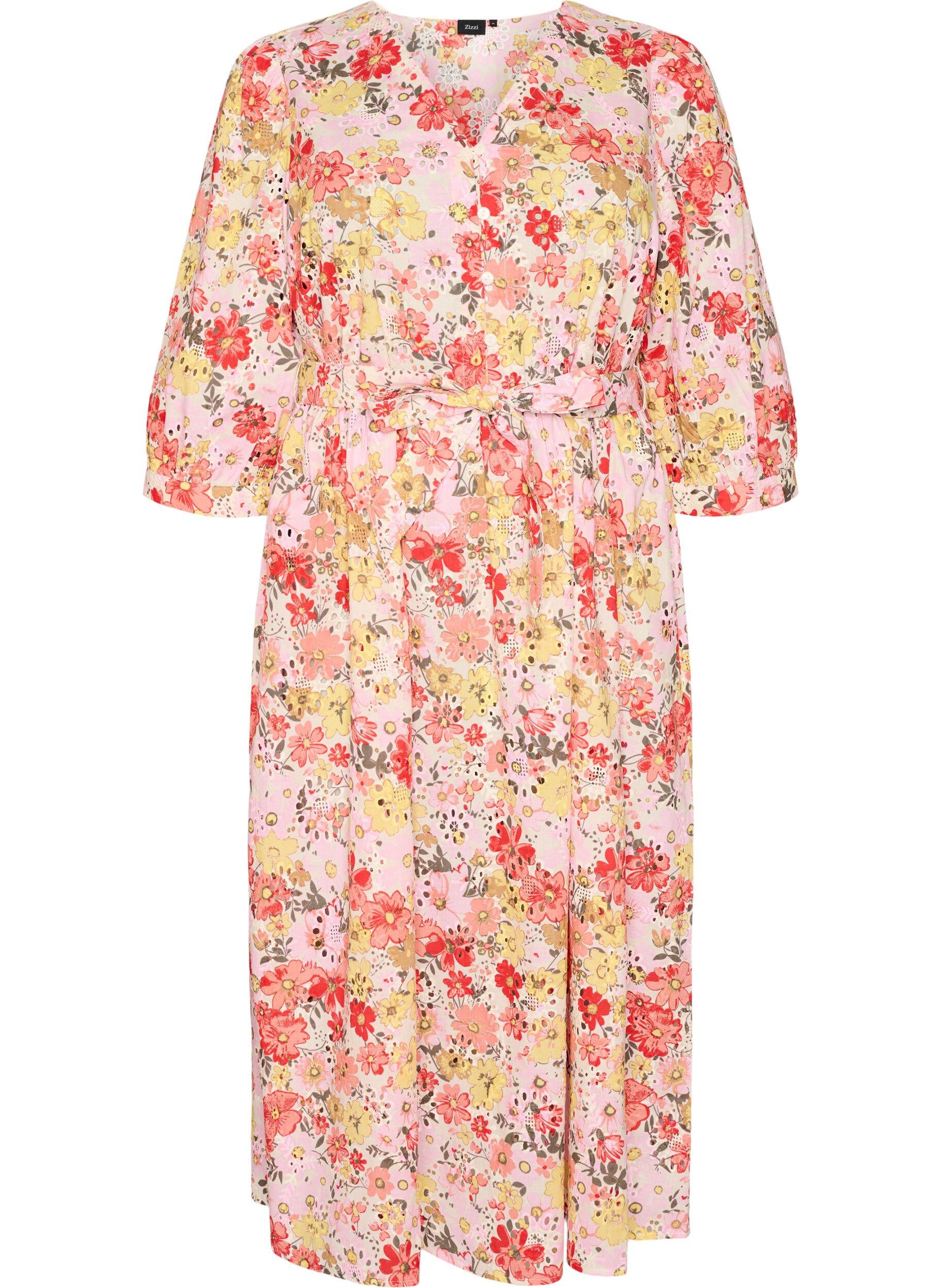 Bloemen midi-jurk met broderie anglaise en een strikriem