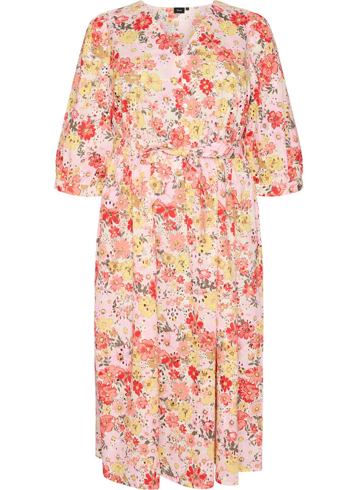 Bloemen midi-jurk met broderie anglaise en een strikriem, Roze, Packshot image number 0
