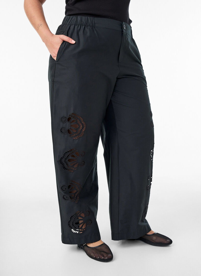 Katoenen broek met geborduurde uitsnijdingen, Zwart, Model image number 2