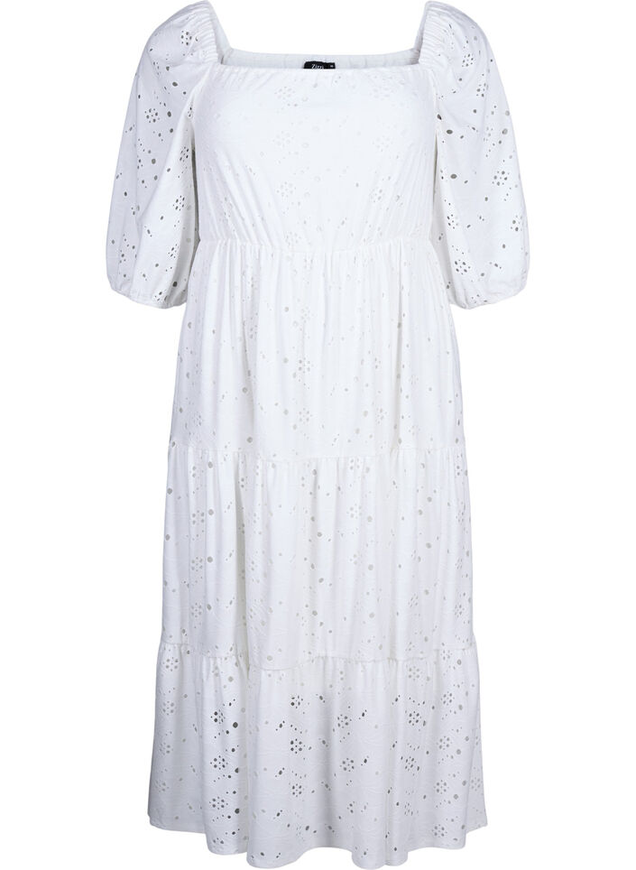 Maxi jurk met kant patroon en een vierkante halslijn, Bright White, Packshot