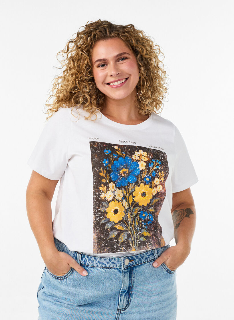 Katoenen T-shirt met print aan de voorkant, Wit, Model image number 0