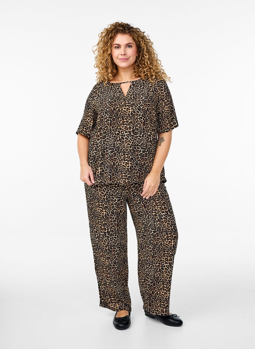 Losvallende viscose broek met zakken, Bruin, Model image number 0