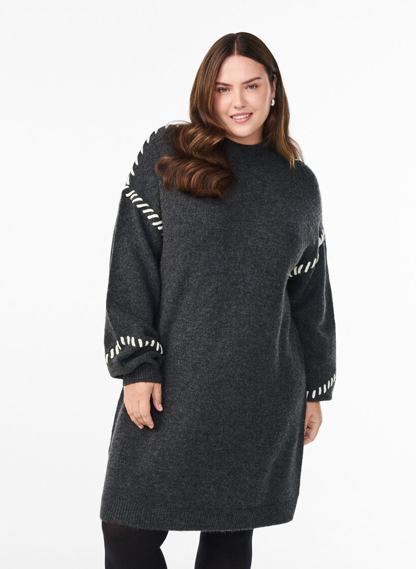 Gebreide jurk met contraststiksels, Grijs, Model image number 0