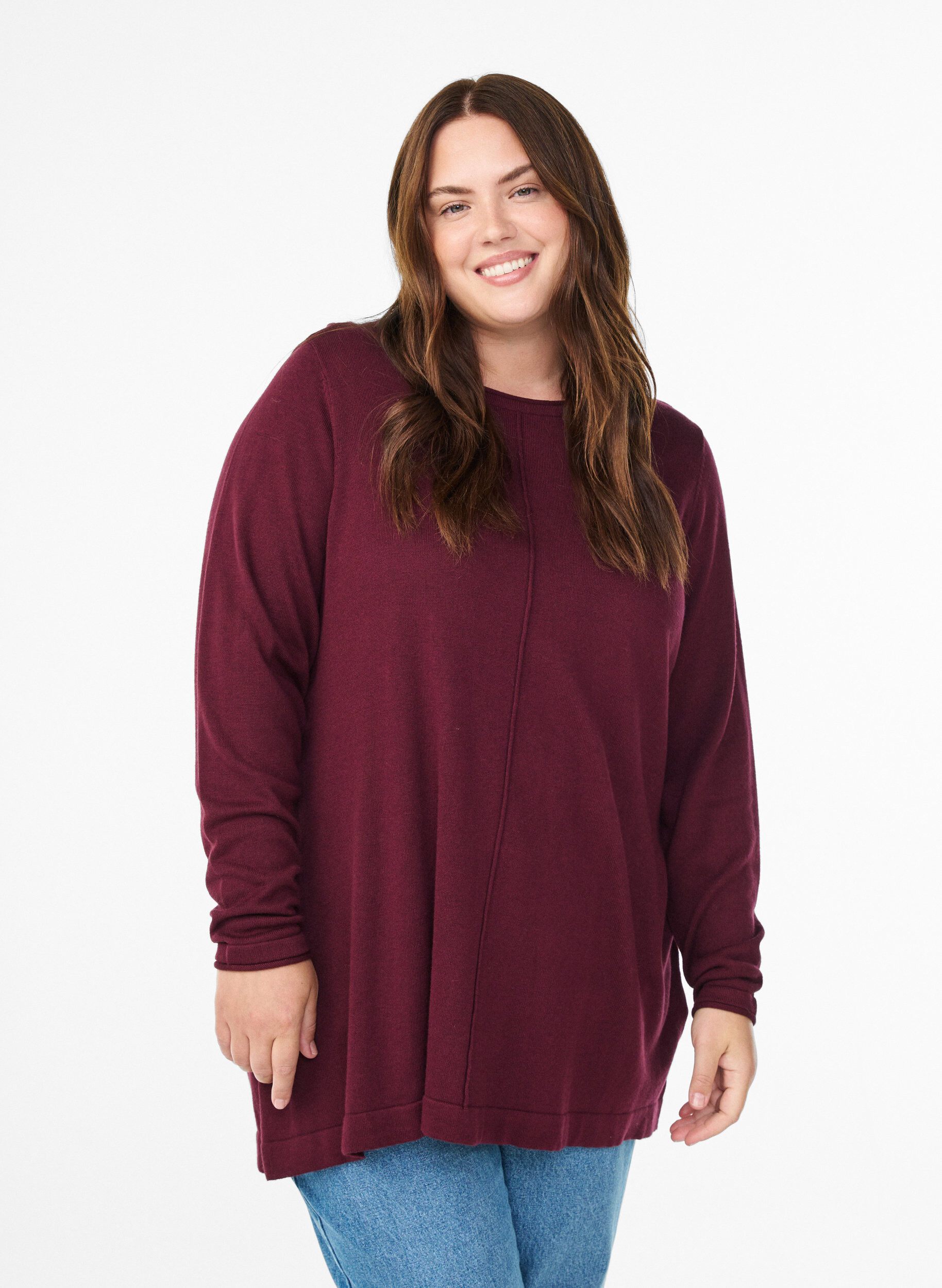 Gebreide blouse gemaakt van katoen en viscose., Donker Bordeaux, Model