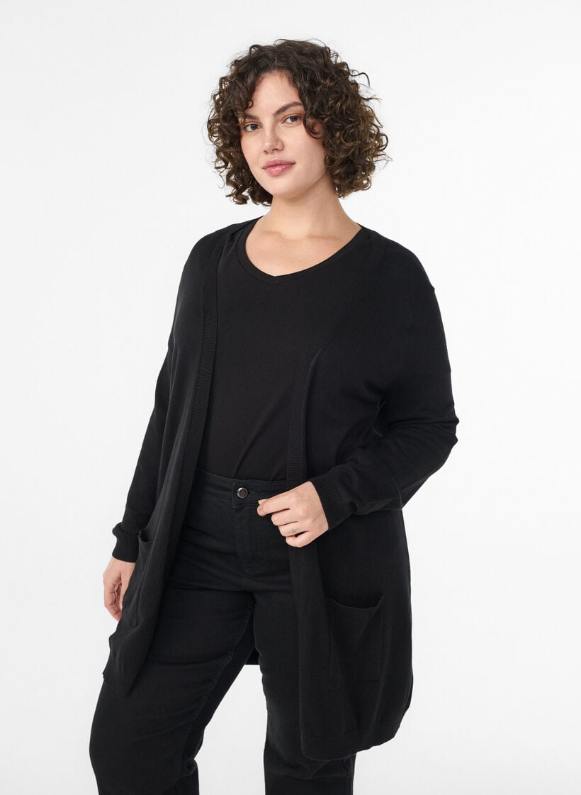 Lang gebreid vest in viscosemix, Zwart, Model image number 0