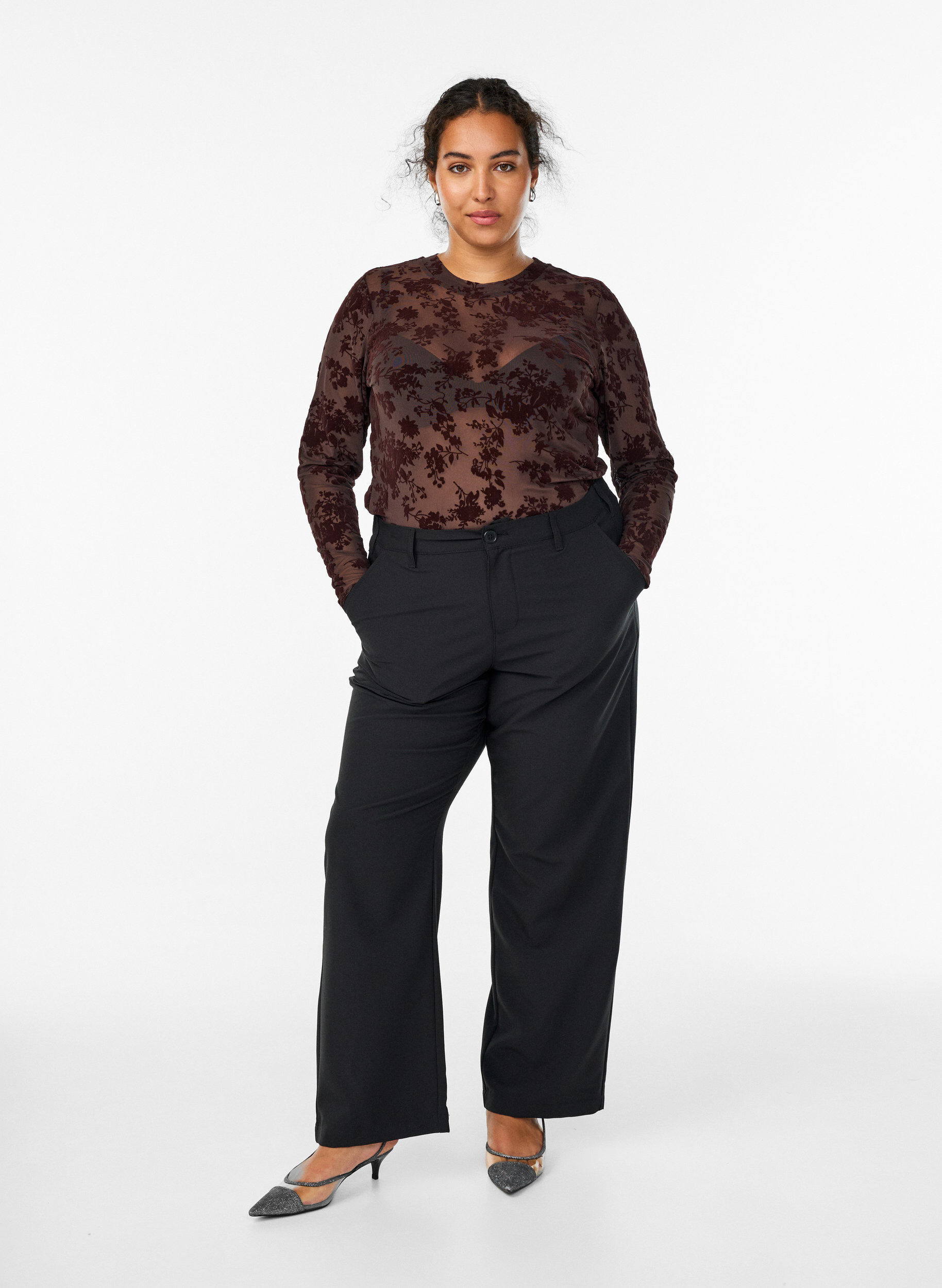 ZizziMesh blouse met bloemenpatroon, Bruin, Model image number 1