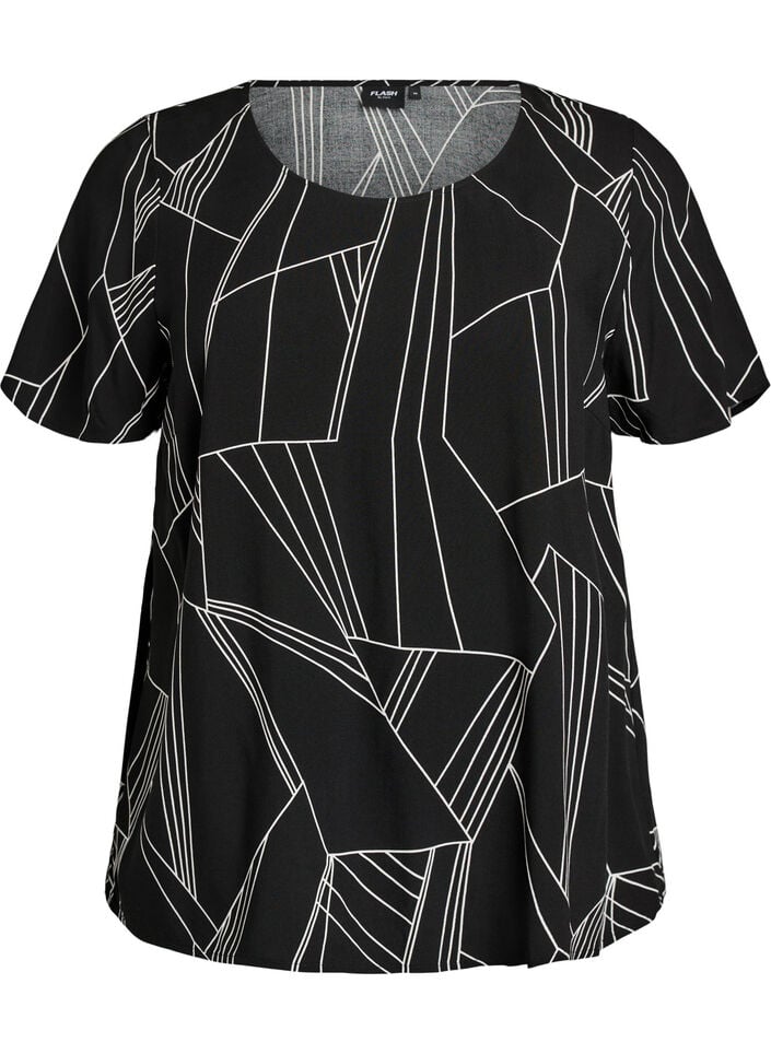 Viscose blouse met korte mouwen en print, Zwart, Packshot image number 0