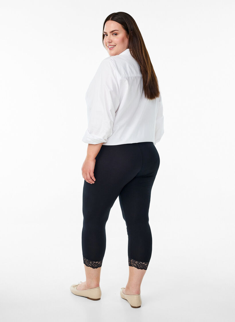 Basic 3/4 legging met kanten randje, Zwart, Model image number 2