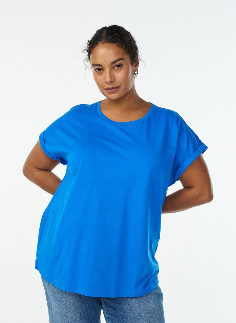 T-shirt met korte mouwen in een katoenmix, Blauw, Model image number 0