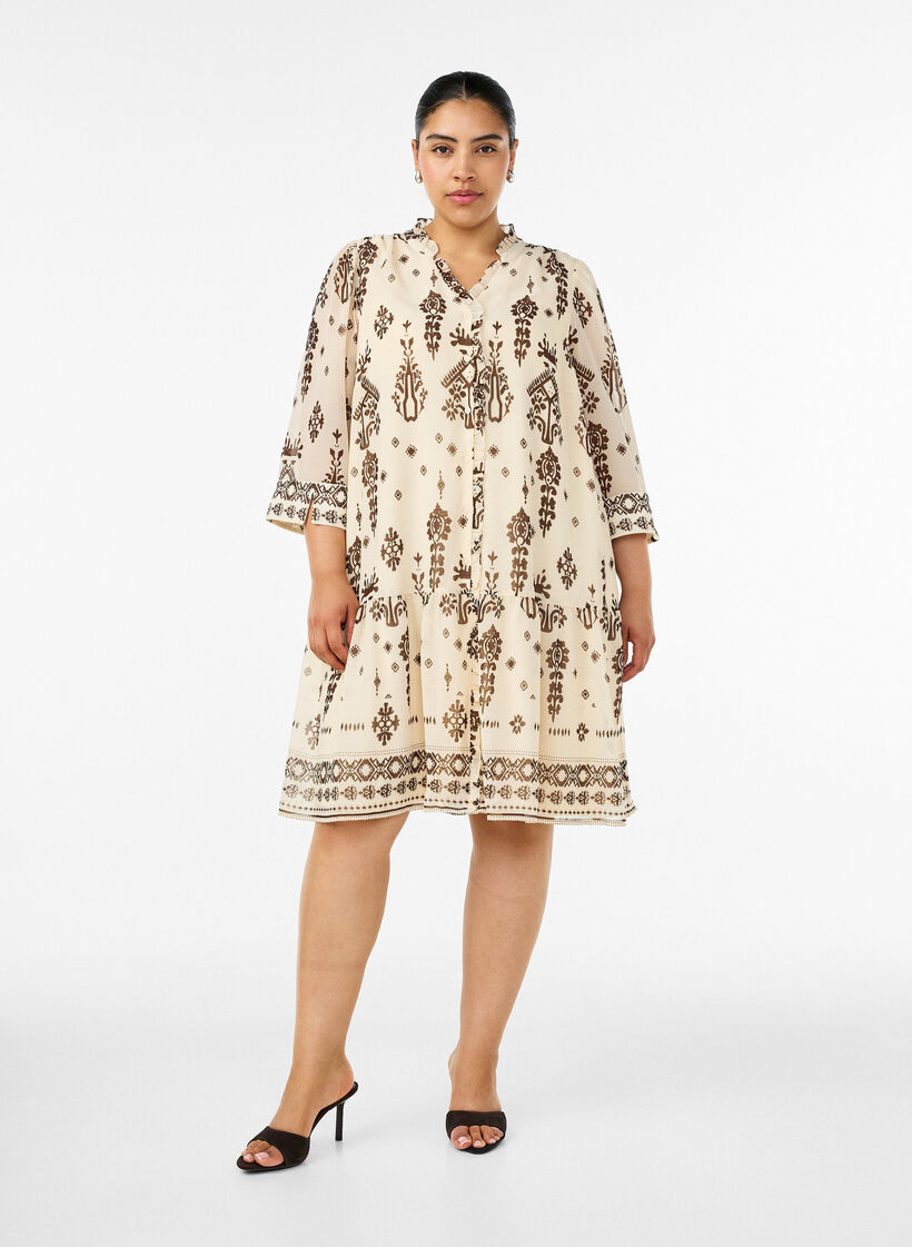 Jurk met ornamentprint en ruchekraag, Beige, Model image number 1