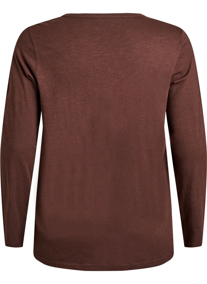 T-shirt met lange mouwen, V-hals en knopen, Bruin, Packshot image number 1