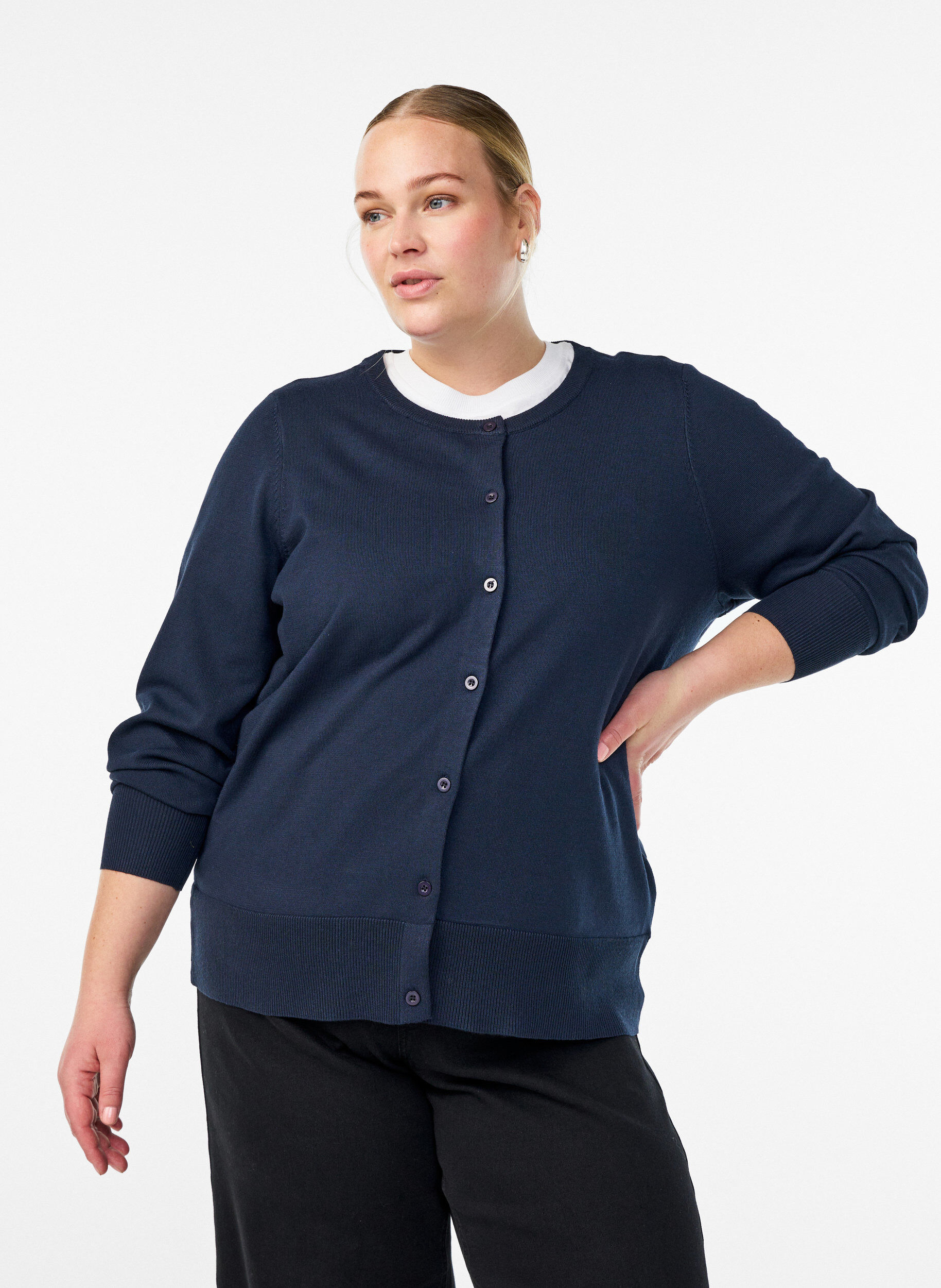 Fijngebreide vest met ronde hals, Blauw, Model