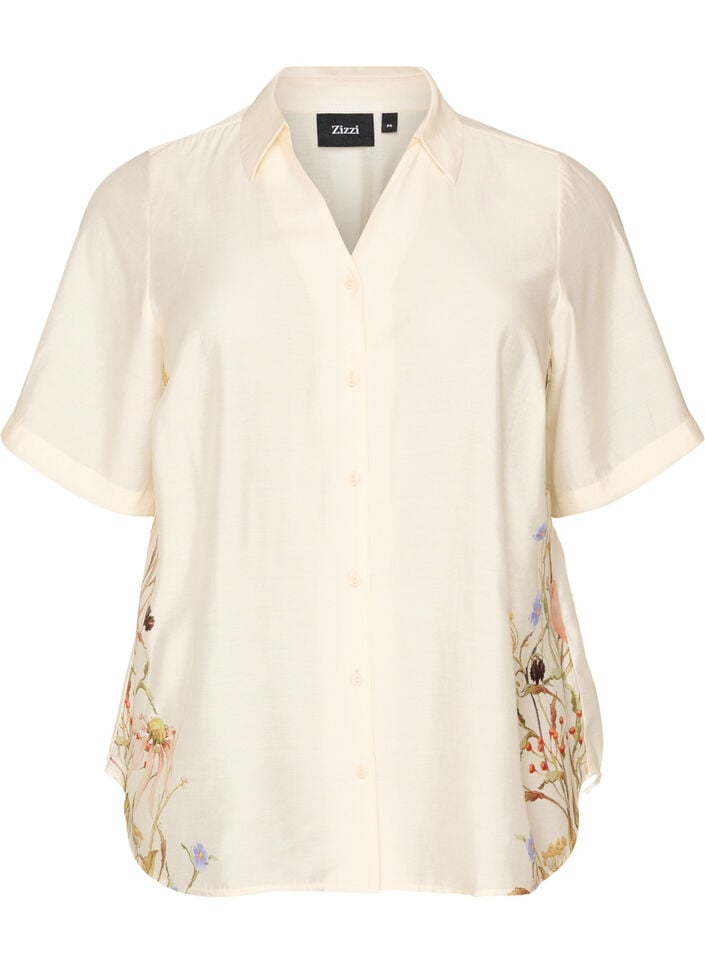 Blouse met ellebooglange mouwen en bloemenaccenten, Beige, Packshot