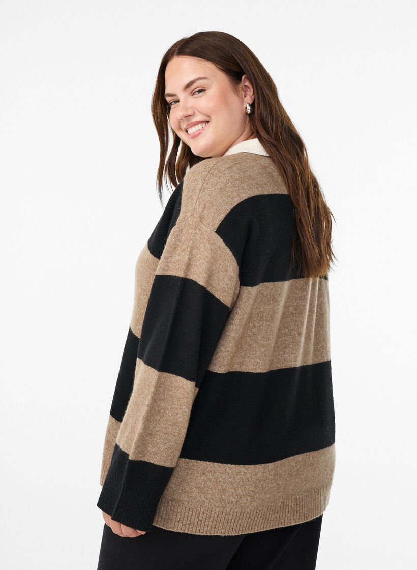 Gebreide blouse met kraag en V-hals, Zwart, Model image number 2